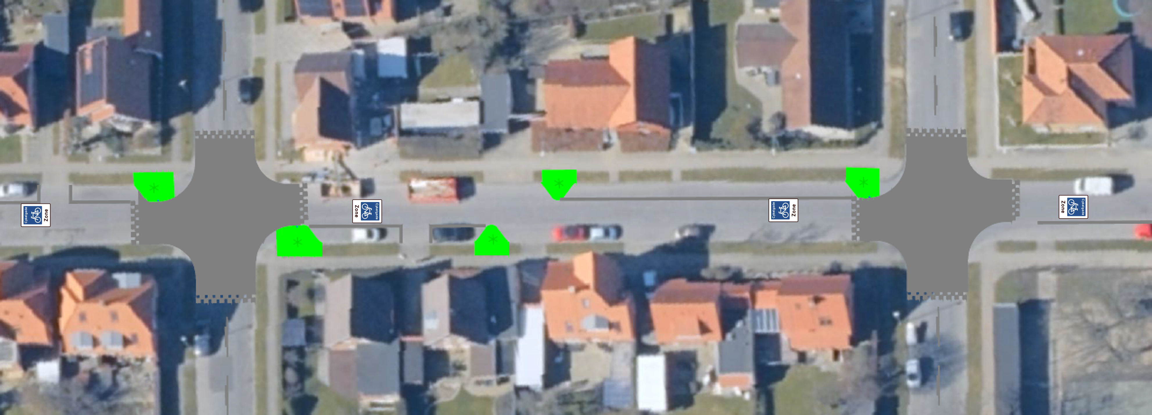 Luftfoto med angivelse af, hvor der placeres to vejbump i Kirkegade. 